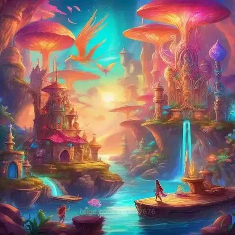 Fantasy landscape at sunset with glowing mushroom towers, cliff castles, waterfalls, and golden-winged birds.