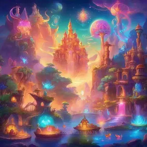 Vibrant fantasy landscape with a glowing castle, mountains, waterfalls, and magical glowing flora and fauna.