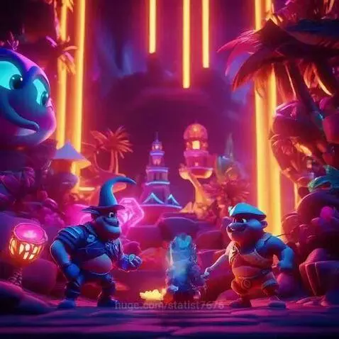 Three stylized anthropomorphic characters in a neon fantasy world with glowing plants and a cartoon face.