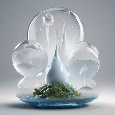 Abstract art featuring clear glass spheres, a teardrop structure, translucent fish, bubbles, and a mossy island in blue water.