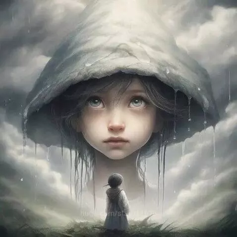 Ethereal face of a young girl in a hooded cloak, with rain dripping, looking up at a cloudy sky.