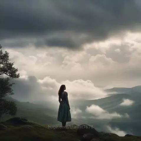 Woman standing on a grassy hill overlooking a vast, misty mountain range with dramatic clouds.