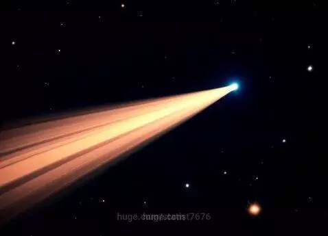 A bright blue star-like object in deep space emitting a long, glowing orange beam of light with scattered stars in the background.