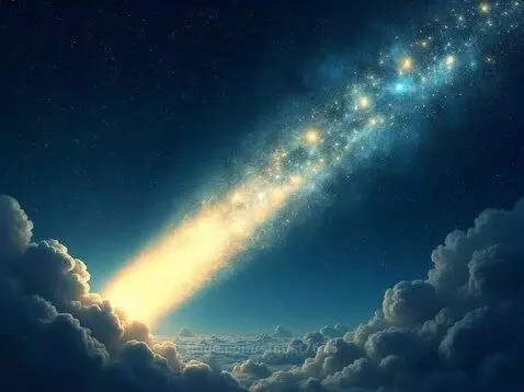 A bright comet streaks diagonally through a dark blue night sky filled with stars, leaving a golden trail.