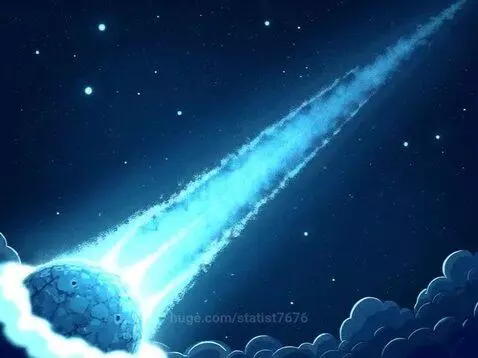 Stylized blue comet with a bright orange and yellow glowing tail moves diagonally across a dark blue starry sky.