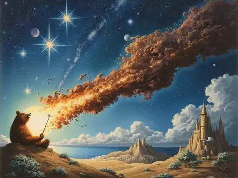 Brown bear sitting on a hill, roasting a marshmallow with a fiery comet in a starry night sky with a castle in the background.