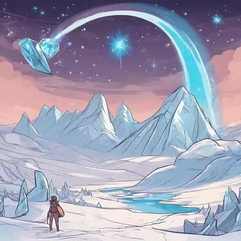 A person stands in a snowy landscape with icy mountains under a purple and pink starry sky, featuring a heart-shaped comet.