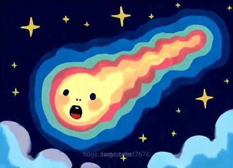 Animated comet with a surprised face and fiery tail, followed by a smiling planet, against a starry night sky.