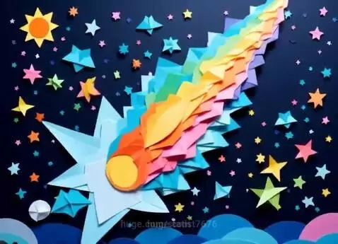 Stop-motion animation of a papercraft comet with a rainbow tail flying through a dark blue night sky with colorful stars and clouds.