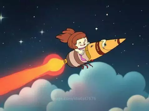 Animated girl with ponytail and pink scarf joyfully riding a bee-like rocket through a starry night sky.
