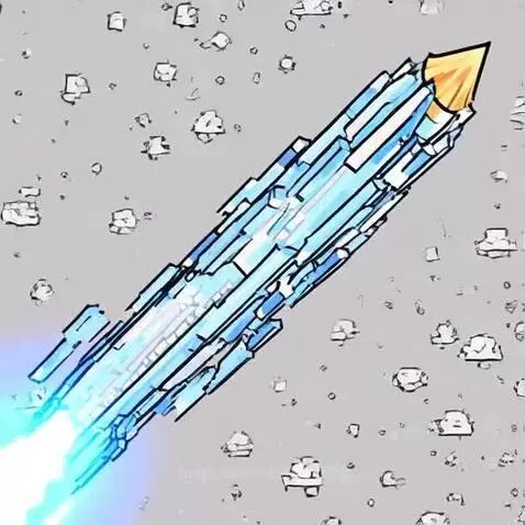 Animated blue and gold spaceship flying diagonally upwards through a grey, asteroid-filled space, emitting blue exhaust.
