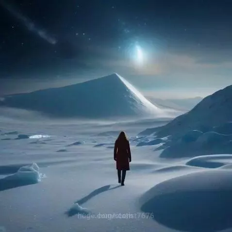 Person walking in a vast snowy landscape with snow-capped mountains under a starry night sky and a bright celestial object.