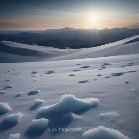 Panoramic view of a snow-covered landscape with mountains under a dramatic sky during sunrise or sunset.