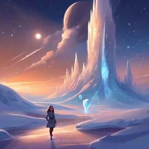 Animated girl with brown hair in a grey coat on reflective ice, looking at a glowing blue ice formation on an alien planet.