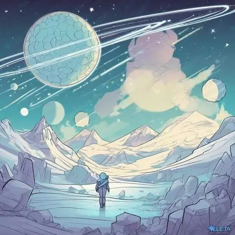 Astronaut walking on a snowy alien planet with a large ringed planet in a teal and dark blue sky.