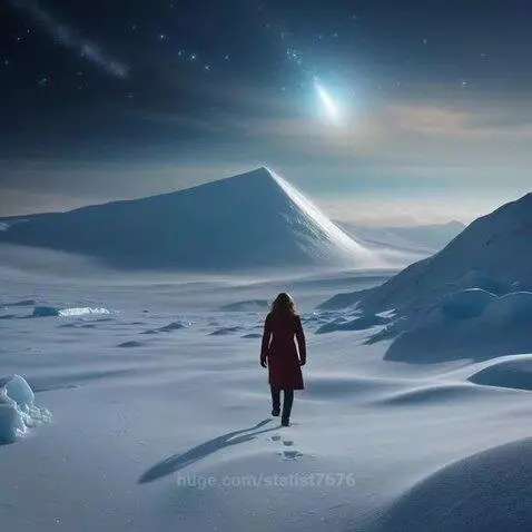Person in red coat walking in a snowy landscape at night with mountains and a comet in the starry sky.