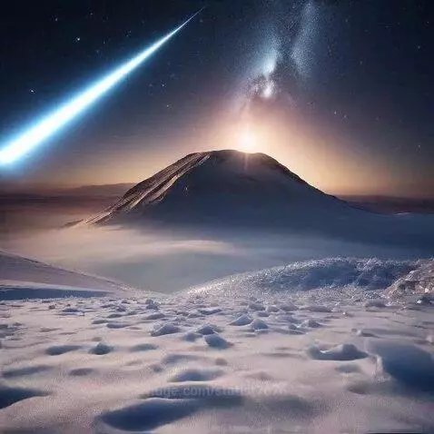A bright comet streaks across a starry night sky above a snow-covered mountain peak, with the Milky Way visible.