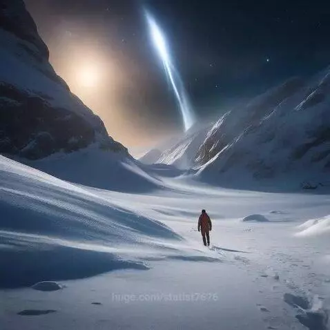 A person in an orange jacket walks through a vast, snow-covered valley with mountains under a starry night sky and dramatic lights.