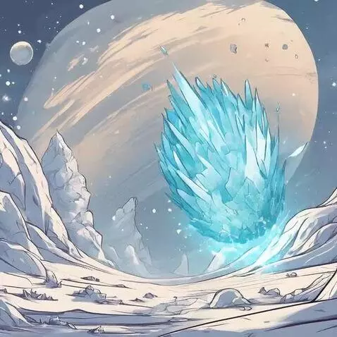 Alien icy landscape with snow-covered mountains, a ringed planet in the sky, and a giant glowing blue crystal impacting the ground.