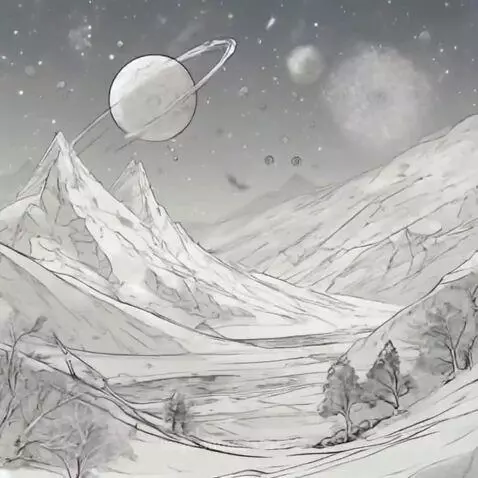 Monochromatic alien landscape with sharp snow-capped mountains, a valley, bare trees, and a large ringed planet in a starry sky.