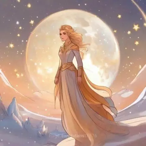 Animated woman with blonde hair in a white and gold gown stands in a snowy landscape under a large glowing moon and stars.