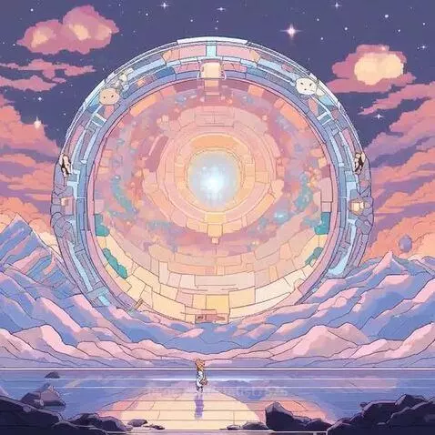 Pixel art of a fantastical landscape with a glowing circular portal reflecting in water, mountains, and a starry sky.