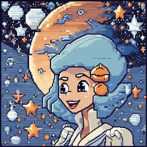 Pixel art animation of a smiling character with light blue hair in a space setting with a large orange planet.