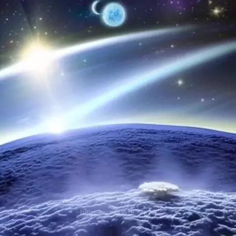 Stylized cosmic scene with a large blue planet in the foreground, a bright sun, and a star-filled sky.