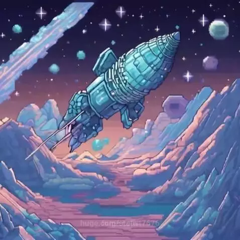 Pixel art animation of a teal rocket flying through a purple starry sky over alien mountains.