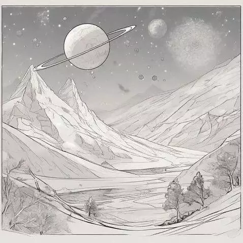 Black and white sketch of a snowy alien landscape with a large ringed planet in the starry sky.