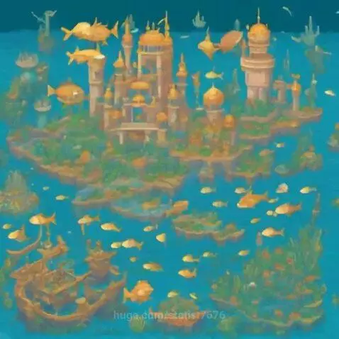 Animated underwater kingdom with a golden castle, floating islands, golden fish, and a sunken ship.