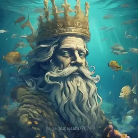 Ancient king with a crown and white beard, covered in coral, submerged underwater with fish swimming around him.