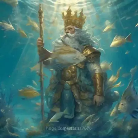 Artistic depiction of a sea king with a crown and trident, surrounded by fish in a sunlit underwater kingdom.
