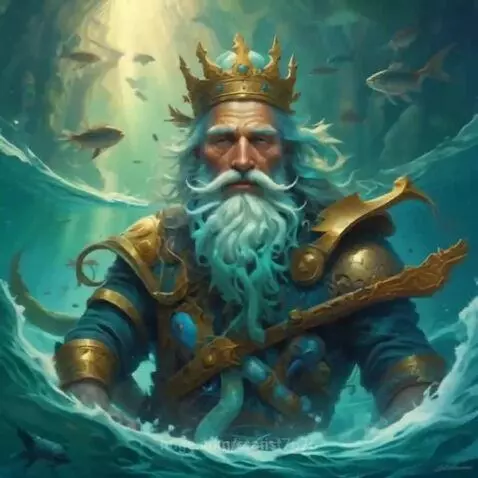 Majestic sea king with white beard and golden crown, wearing blue and gold armor, surrounded by fish in an underwater kingdom.