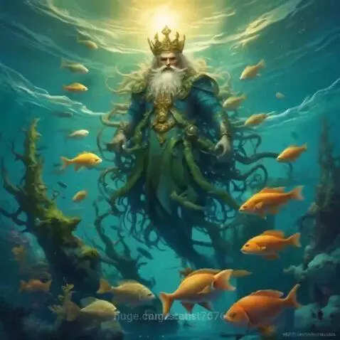 A majestic sea king with a golden crown stands in a vibrant underwater kingdom surrounded by golden fish.