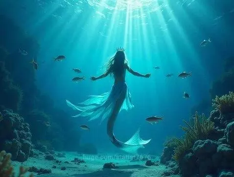 Mermaid with a crown floats gracefully in a sunlit underwater kingdom, surrounded by fish and coral.