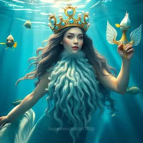 Mermaid with a golden crown and pearls, holding a bird-like object, surrounded by fish in clear blue water.