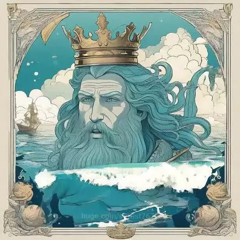 Animated sea king with flowing water hair and crown, emerging from the ocean with ships and fish visible.