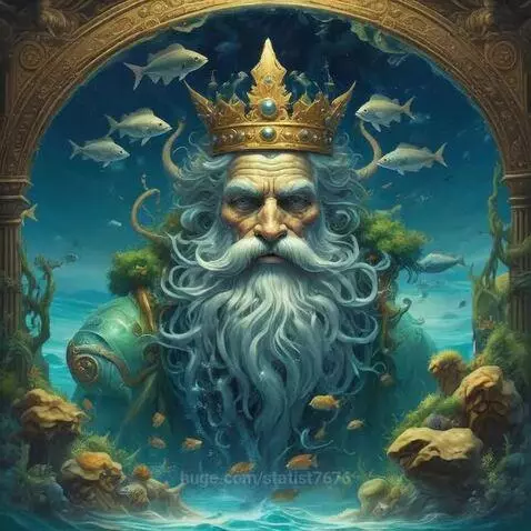 Elderly sea king with white beard and crown in underwater kingdom, surrounded by fish and plants, with a yellow octopus.