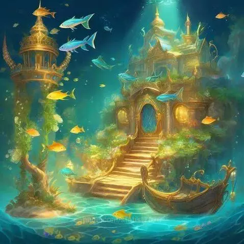 Underwater kingdom with a golden palace, tower, lush greenery, and colorful fish in clear blue-green water.