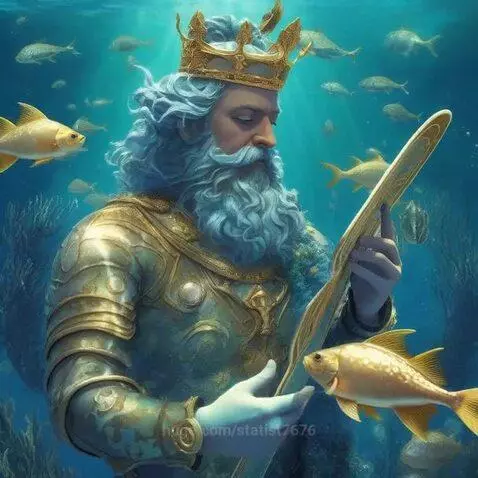 Animated underwater king with golden crown and armor, surrounded by golden and silver fish in clear blue water.