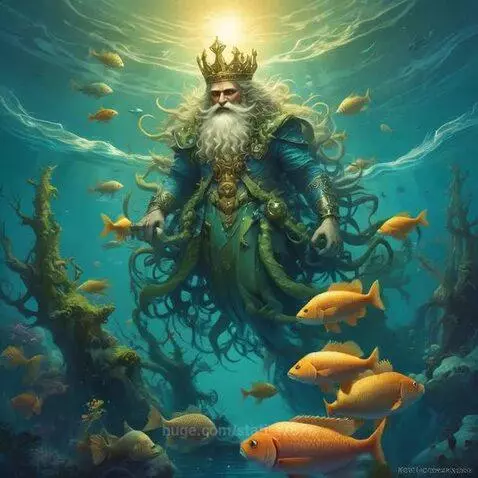 Elderly sea king with golden crown and flowing robes in a vibrant underwater kingdom with golden fish.