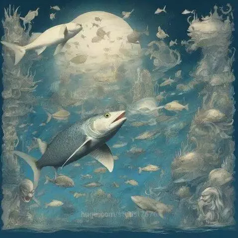 Artistic underwater scene with a large fish, smaller fish, and stylized structures with subtle faces.