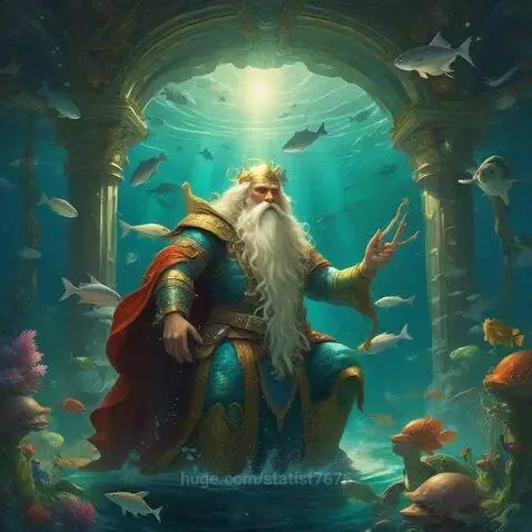 Bearded king in regal attire kneeling underwater among fish, sea turtles, and coral, with sunlight filtering from above.