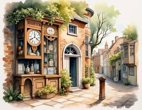 Watercolor painting of a quaint European street with an ornate cabinet, arched blue door, and cobblestone path.