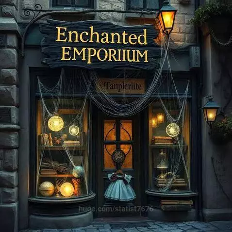 Exterior of the Enchanted Emporium, a magical shop with rustic sign, cobweb-decorated windows, and antique items.