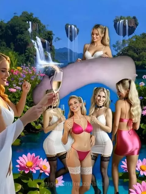 Group of women in stylish outfits celebrating a hen party in a tropical paradise with waterfalls and glowing plants.
