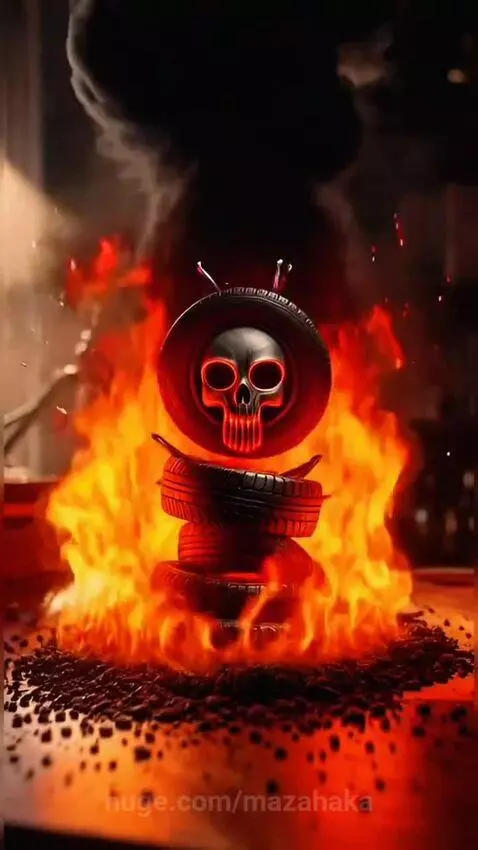 A shadowy demon with glowing red eyes and horns emerges from a mushroom cloud of smoke, transforming into a fiery symbol.