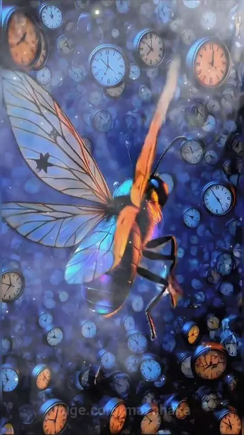 Iridescent insect with city reflection transforms into a fiery cosmic explosion with floating clocks.