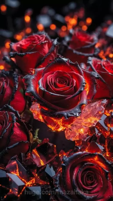 Close-up of a deep red rose with dark edges, crystallizing and shattering into glowing orange embers against a dark background.